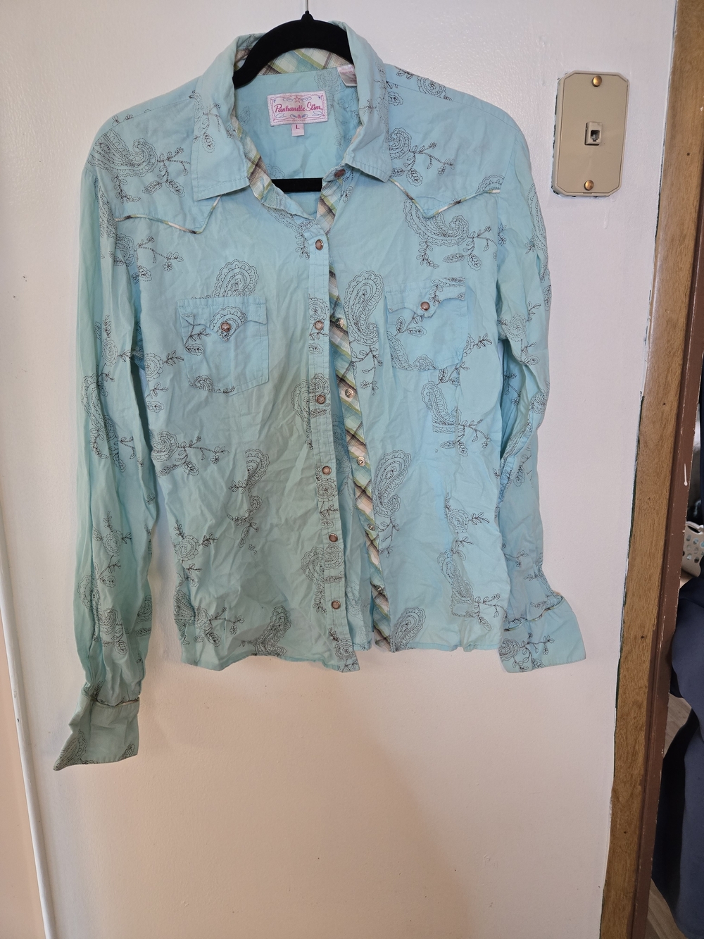 Panhandle Slim Light Aqua Lined Shirt with Plaid Trim
